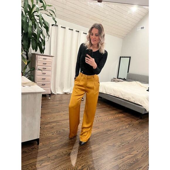 LAPOINTE Mustard Yellow Satin Pleated Front Zipper Relaxed Pants Size 8 - Picture 4 of 16